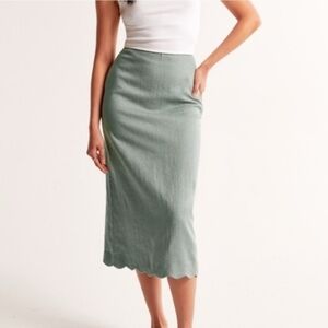 Abercromie Linen Collection Midi Skirt Sage Green Scallop Edge Small Petite